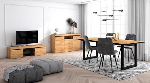 Skraut Home - Wohnzimmermöbel-Set | Tisch 200 Rand Schwarze U-Beine 10 Personen | Lowboard 140 | Sideboard/Buffetschrank 140 | Eiche und Schwarz | Industrieller Stil von Skraut Home