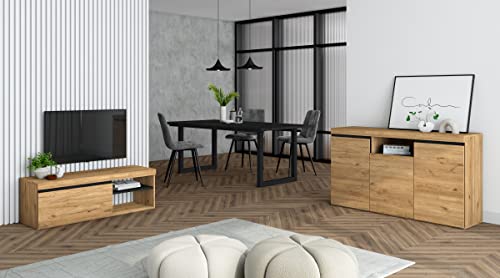 Skraut Home - Wohnzimmermöbel-Set | Tisch 200 Schwarze U-Beine 10 Personen | Lowboard 120 | Sideboard/Buffetschrank 140 | Eiche und Schwarz | Industrieller Still von Skraut Home