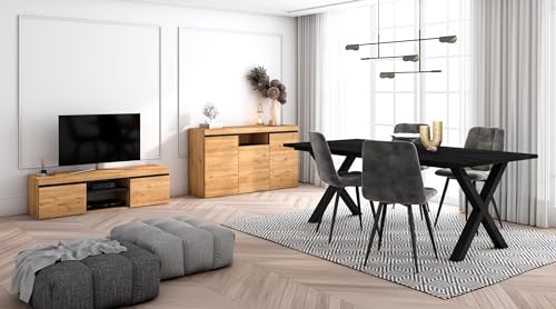 Skraut Home - Wohnzimmermöbel-Set | Tisch 200 Schwarze X-Beine 10 Personen | Lowboard 140 | Sideboard/Buffetschrank 140 | Eiche und Schwarz | Industrieller Stil von Skraut Home