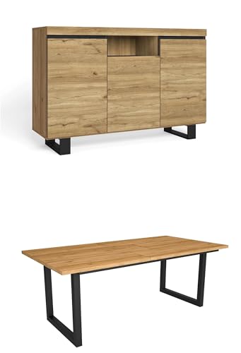 Skraut Home - Wohnzimmermöbel-Set | Tisch 200 U-Beine 10 Personen | Sideboard/Buffetschrank 140 Tall | Eiche und Schwarz | Industrieller Still von Skraut Home