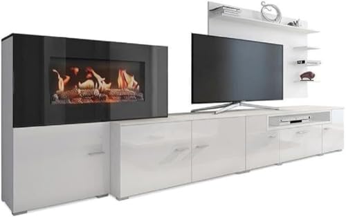Skraut Home – Wohnzimmermöbel mit elektrischem Kamin – 170 x 290 x 45 cm – LED-Beleuchtungssystem mit Flammeneffekt – neues Olympo-Modell – moderner Stil – weißes Finish von Skraut Home