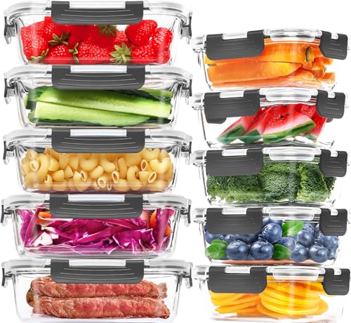 Glas-Frischhaltedosen Set - 10er Pack - Skroam Aufbewahrungsbox Glas für Lebensmittel (10 Deckel & 10 Behälter) BPA-frei Luftdichte Küchen Vorratsbehälter, Mikrowellen & Gefrierschrankfreundlich von Skroam