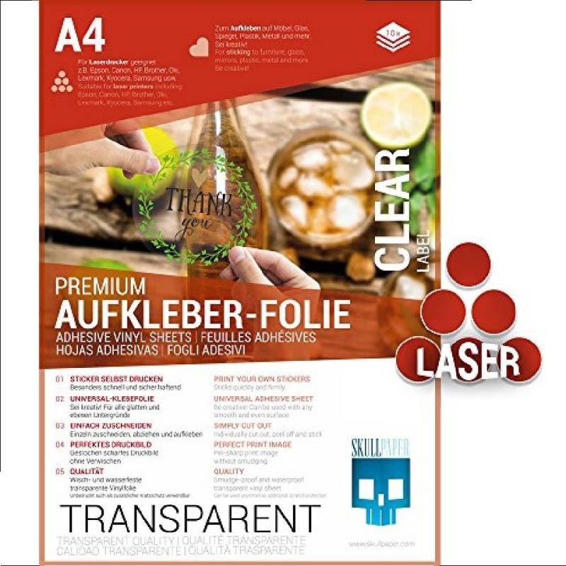 Skullpaper Dekorationsfolie Premium Aufkleber-Folie Transferfolie Transparent A4 Laserdrucker, (Aufkleber-Folie, 10St.}, 10 A4 Bögen), selbstklebend von Skullpaper