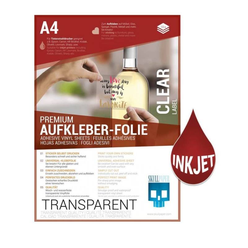 Skullpaper Dekorationsfolie Premium Aufkleber-Folie Transferfolie Transparent A4 Tintenstrahl, (Aufkleber-Folie, 10St.}, 10 A4 Bögen), selbstklebend von Skullpaper