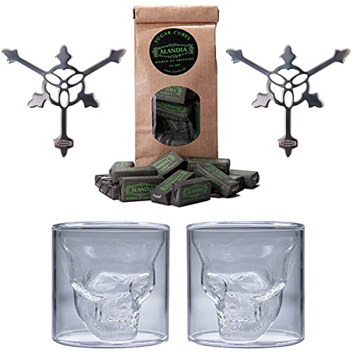 ALANDIA Totenkopf Absinth Gläser Löffel Set | 2 Skull Absinth Glas | 2 Dreizack Absinth Löffel | 1 Absinth Zuckerwürfel von ALANDIA