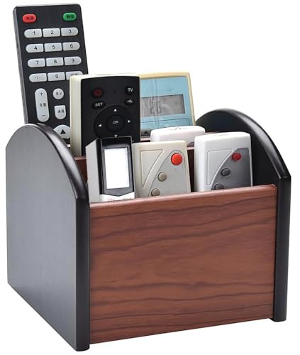 Drehender Fernbedienungshalter mit 4 Fächern, Multifunktionaler Holz-Fernbedienungs-Caddy Desktop Supply Organizer für Controller speichern von Skupro