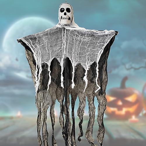 Halloween Deko Hängende Skelett Geist, Horror-Stoff Halloween Requisiten Sensenmann Dekoration, 56 * 80cm Klein Schwarz Weiß Scary Skull Flying Ghost für Haunted House und Indoor Party Supplies von Skupro