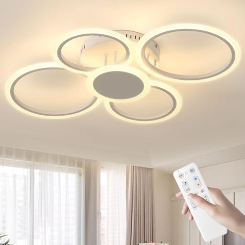 Sky angle Moderne LED-Deckenleuchte Wohnzimmer Deckenleuchte 45W 3600LM mit Fernbedienung 5-Ring-Deckenleuchte 3000-6500K Dimmbare runde Deckenleuchte für Wohnzimmer, Esszimmer und Schlafzimmer Weiß von Sky angle