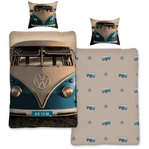 Bettwäsche VW Bulli 135x200 cm 80x80 Kissenbezug Baumwolle [Mit Reißverschluss] Bus VW Bulli Bettwäsche-Set | VW Geschenke für Männer| Öko-Tex Standard 100 | Deutsche Standardgröße von SkyBrands