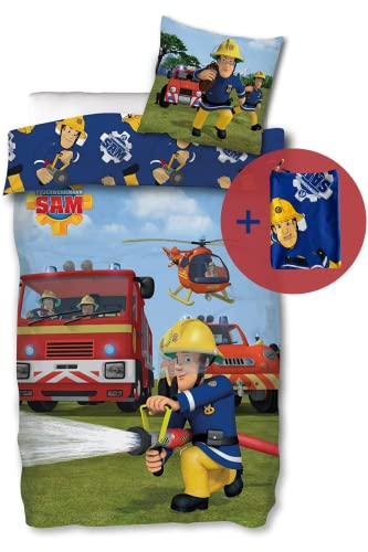 SkyBrands Feuerwehrmann Sam Bettwäsche 135x200 80x80 Kissen-Bezug [mit extra Beutel] Baumwolle Bettwäsche Feuerwehr Kinder Bettwäsche Sam Bettbezug + Kissenbezug von SkyBrands