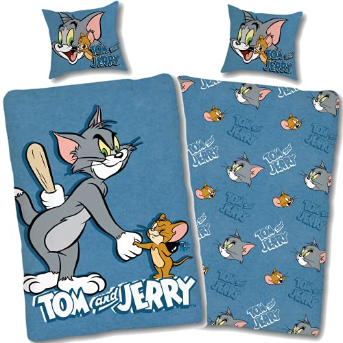 SkyBrands Tom und Jerry Bettwäsche 135 x 200 cm, Kissenbezug 80 x 80 cm, Kinderbettwäsche-Set, wendbar, mit Tom und Jerry-Motiv, 100 Baumwolle, Ko-Tex-Standard 100, deutsche Standardgröße von SkyBrands