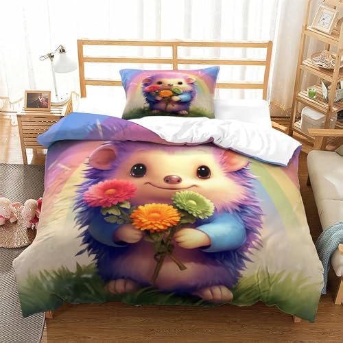 SkyClouf Bunte Igel Dreidimensionaler Druck Bettzeug Dreiteiliges Set Bunte Igel Bettbezug Superior-Mikrofaser Inklusive Kissenbezug Weich Und Pflegeleicht Single（135x200cm） von SkyClouf