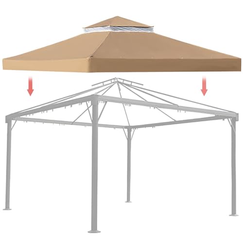 Ersatzdach Pavillon 3x3M Wasserdicht mit ösen,Pavillondach 3x3 M Wasserdicht Ersatzdach Dachbezug für Garten Pavillon,Pavillondach Ersatzbezug mit Kamindach & Klettverschlüssen (Khaki) von SkyFace