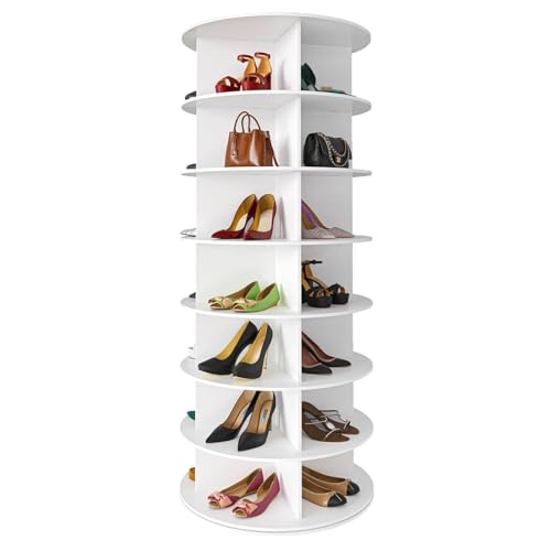 SkyFace 360° Freistehender Runder Schuhorganizer 7-stöckiger Drehbarer Schuhregalturm Runder Schuhorganizer Schuhschrank-Organisation Weiß mit Drehregalen für Schuhe und Handtaschen von SkyFace