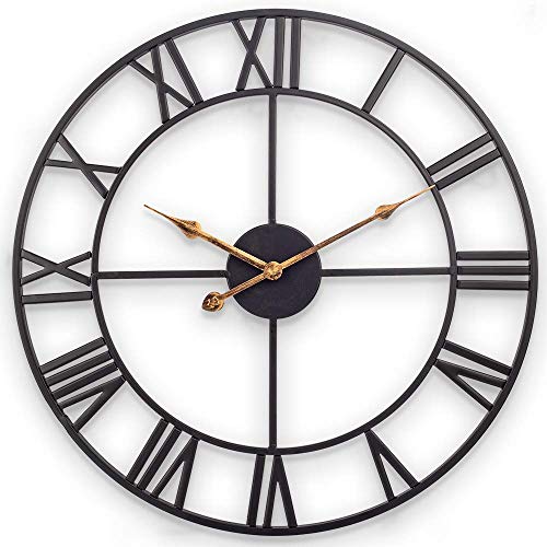 Wanduhr Große, 60cm Europäische Industrie Vintage Wanduhr mit Römischen Ziffern, Leise Ohne Tickgeräusche Schwarz Wanduhr, Dekorative Wanduhr für Wohnzimmer, Küche, Schlafzimmer, Büro - Metall von SkyNature