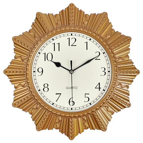 SkyNature Wanduhr Gold, 30cm Boho Sonnen Ohne Tickgeräusche Wanduhr, Lautlos Batteriebetriebene Kleine Analog Wanduhr, Vintage Dekor Wanduhr für Wohnzimmer, Küche, Schlafzimmer, Büro von SkyNature