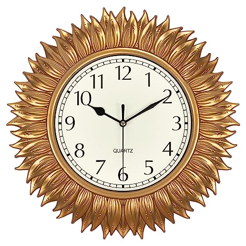 SkyNature Wanduhr Gold, 30cm Boho Sonnenblume Ohne Tickgeräusche Wanduhr, Lautlos Batteriebetriebene Kleine Analog Wanduhr, Dekor Analog Wanduhr für Wohnzimmer, Küche, Schlafzimmer, Büro von SkyNature