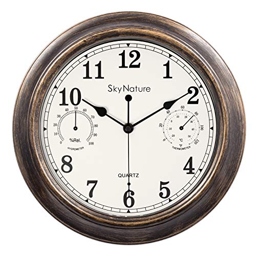 Vintage Wanduhr, 30cm Innen/Außen Retro Dekorativ Wanduhr mit Thermometer und Hygrometer, Leise Batteriebetriebene Ohne Ticken Metalluhr für Schlafzimmer, Wohnzimmer, Küche, Garten, Büro -Bronze von SkyNature