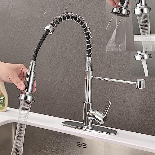 SkyPanda Küchenarmatur, Chrom Silber Mixer Waschbecken Wasserhahn, 360° Schwenk, festes Kupfer Material, 3 Spray Modi Pull Down Hahn (Chrom) von SkyPanda