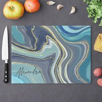 Marmor Glas Schneidebrett Personalisiert Abstrakte Kunst Achat Golden Blau Benutzerdefinierte Mit Namen Neue Wohnung Geschenk Chef von SkyandLunaHome