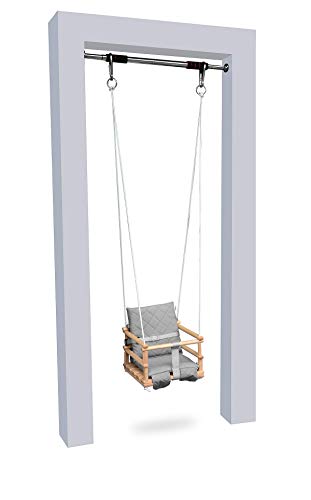 Holz Babyschaukel Kinderschaukel Holz Babywippe Zimmerschaukel Indoor Baby Schaukel Stoff Babysitz Baby Schaukel zum Aufhängen 4 in 1 Sicherheitsgurt + 2X Befestigungshaken (Natürliche&HellGrau) von Skyline