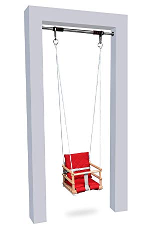 Holz Babyschaukel Kinderschaukel Holz Babywippe Zimmerschaukel Indoor Baby Schaukel Stoff Babysitz Baby Schaukel zum Aufhängen 4 in 1 Sicherheitsgurt + 2X Befestigungshaken (Natürliche&Rot) von Skyline