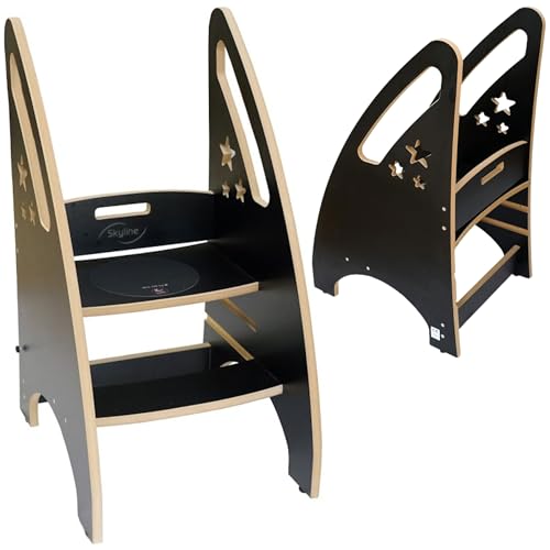 Skyline 3-in-1 wachsender Tritthocker Kleinkind Turm Helfer, Holz Kleinkind Stehhocker für Badezimmer oder Küche, Anti-Rutsch-Füße, Handläufe bis zu 100 kg mit Tafel (Schwarz) von Skyline