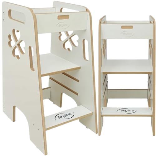 Skyline Steh Lernturm Baby ab 1 Jahr Montessori Learning Tower Höhenverstellbar Tritthocker Kinder Indoor Möbel Kinderzimmer Trittschemel Kitchen Helper Hochstuhl (Weiß mit Klee) von Skyline