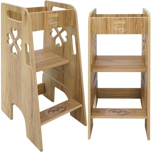 Skyline Steh Lernturm Baby ab 1 Jahr Montessori Learning Tower Höhenverstellbar Tritthocker Kinder Indoor Möbel Kinderzimmer Trittschemel Kitchen Helper Hochstuhl (Holzimitat mit Klee) von Skyline