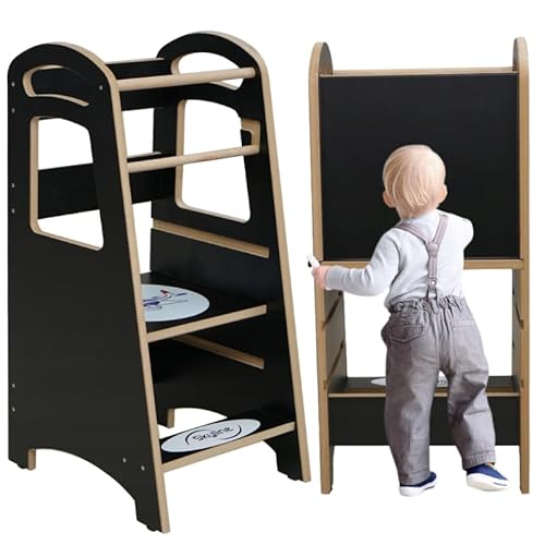 Skyline Steh und Lernturm Baby ab 1 Jahr Montessori Learning Tower Höhenverstellbar Tritthocker Kinder Indoor Möbel Kinderzimmer Trittschemel Kitchen Helper Hochstuhl Faltbarer (Schwrz-Plane) von Skyline