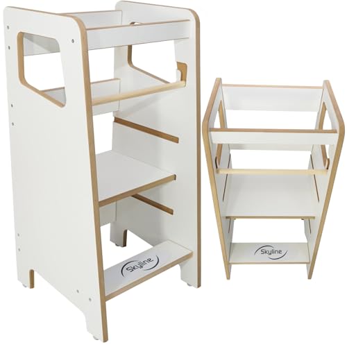 Skyline Steh und Lernturm Baby ab 1 Jahr Montessori Learning Tower Höhenverstellbar Tritthocker Kinder Indoor Möbel Kinderzimmer Trittschemel Kitchen Helper Hochstuhl Faltbarer Weiß von Skyline