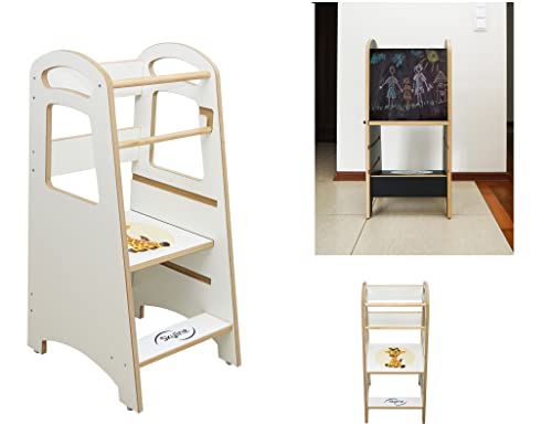 Skyline Steh und Lernturm Baby ab 1 Jahr Montessori Learning Tower Höhenverstellbar Tritthocker Kinder Indoor Möbel Kinderzimmer Trittschemel Kitchen Helper Hochstuhl mit Tafel Board (Weiß/Giraffe) von Skyline