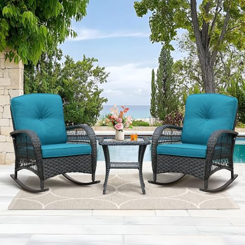 Skypatio Outdoor Rattan Schaukelstühle 2er Set und Couchtisch, 3-teiliges Terrassen-Bistro-Möbel-Set mit bequemen Kissen für Balkon, Veranda, Hinterhof, Deck (Pfauenblau) von Skypatio