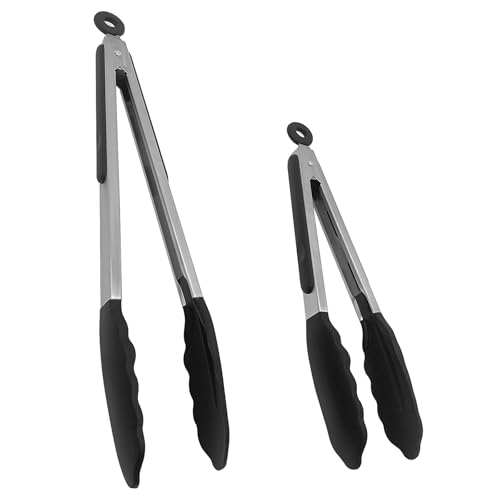 Skythrive Premium-Küchenzange aus Edelstahl mit Verriegelung und Silikonspitze, 2er-Set, 26 cm und 33 cm Lange Zangen für Grill und Küche (Schwarz) von Skythrive