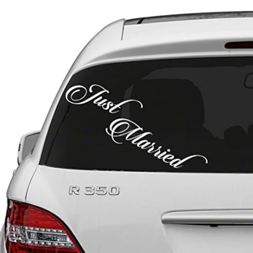 Slaf Ltd. (30x10 cm) Just Married Vinyl Car Decal Design/Wedding Cling Banner Decoration Quote Sticker/Decals Back Car Window Mirror + Free Random Decal Gift von Slaf Ltd.