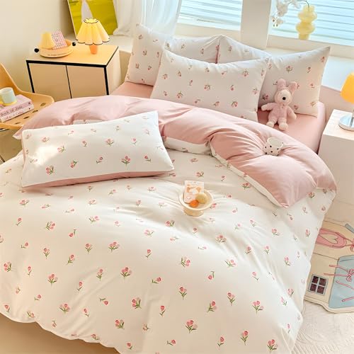 Sleeable Bedding Set Floral 135 x 200 cm 3-Piece Set Tulip Pattern Microfiber White and pink Flower Aesthetic Design Girls Duvet Cover and Pillowcase 80 x 80 cm with Zip von Sleeable