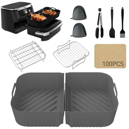 Sleeleece 10-Teiliges Silikonform Heißluftfritteusen Zubehör Set für Ninja Foodi Flexdrawer 10,4 L AF500EU,Fritteuse Silikonmatte+Grill+Handschuhe+Clips+Ölbürste+Ölschaber+100 Blatt Ölpapier von Sleeleece