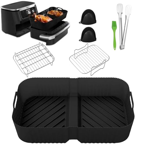 Sleeleece 7-Teiliges Silikonform Heißluftfritteusen Zubehör Set für Ninja Foodi Flexdrawer 10,4 L AF500EU,Fritteuse Silikonmatte + Grill + Handschuhe + Clips + Ölbürste von Sleeleece