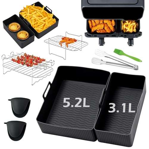 Sleeleece 8PCS mit Silikonform für Heißluftfritteuse, Air Fryer Rack Airfryer Zubehör für Tefal EY9018 5,2/3,1 L,Cecotec Cecofry DuoSize 9 L 5,5/3,5 L,DMS 6L/4L,Zwei Größen Dual Schubladen von Sleeleece