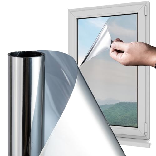 Sleeleece Fensterfolie Selbsthaftend Blickdicht,UV-Schutz Sonnenschutzfolie Fenster innen,Spiegelfolie Fenster Sichtschutz Rückstandslose thermofolie Fenster gegen hitze(Silber,60x500cm) von Sleeleece