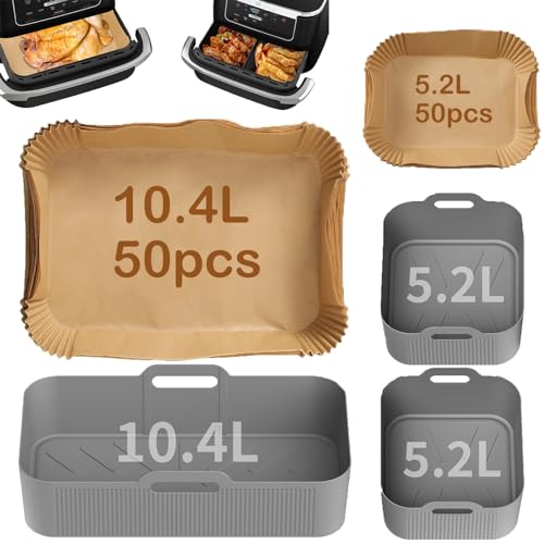 Sleeleece Heißluftfritteuse Zubehör für Ninja Foodi Flexdrawer 10,4 L AF500EU,3pcs Airfryer Silikonform Wiederverwendbar Airfryer Zubehör für Ninja AF500EU + 100PCS Airfryer Backpapier(Grau) von Sleeleece