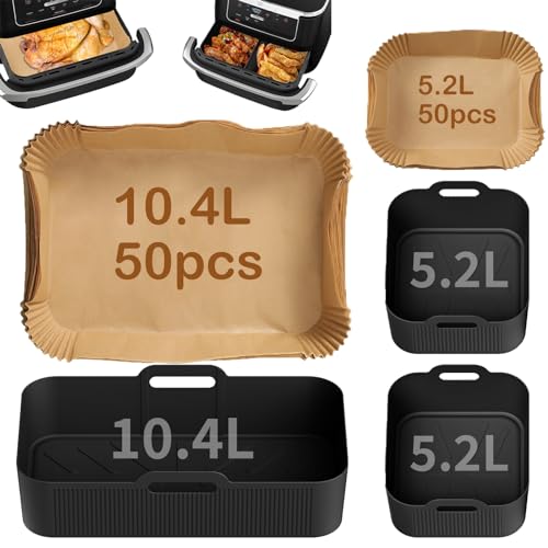 Sleeleece Heißluftfritteuse Zubehör für Ninja Foodi Flexdrawer 10,4 L AF500EU,3pcs Airfryer Silikonform Wiederverwendbar Airfryer Zubehör für Ninja AF500EU + 100PCS Airfryer Backpapier(Schwarz) von Sleeleece