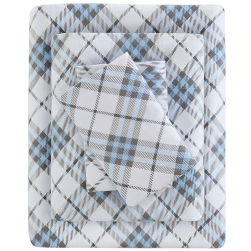 Sleep Philosophy True North Cozy Flanell Warm 100% Baumwolle Bettlaken – Neuheit Druck Tiere Sterne Niedlich Ultra Weich Kaltes Wetter Bettwäsche-Set, Queensize, Blau Plaid 4-teilig von Sleep Philosophy