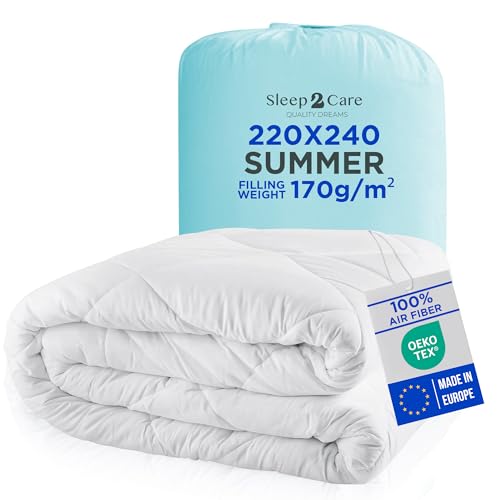 Sleep2Care Sommerdecke 220x240 cm | Leichte & Kühlende Bettdecke für Sommer & Heiße Nächte | Atmungsaktiv & Waschbar bei 60°C | Öko-Tex Zertifiziert | Füllung 170g/m² | Hergestellt in EU von Sleep2Care