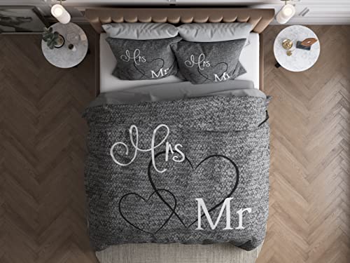 Sleeptime Partner Bettwäsche Mr. und Mrs. 240cm x 220cm 3teilig grau - weich & bügelfrei Bettbezüge mit Druckknöpfe - graue Bettwäsche Set aus 100% Baumwolle - 2X Kissenbezug 60x70cm von Sleeptime