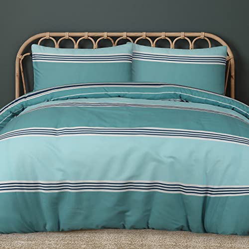 Sleepdown Wendbarer, weicher, pflegeleichter Bettbezug mit Kissenbezügen, blaugrün, gestreift, für Doppelbett (200 cm x 200 cm) von Sleepdown