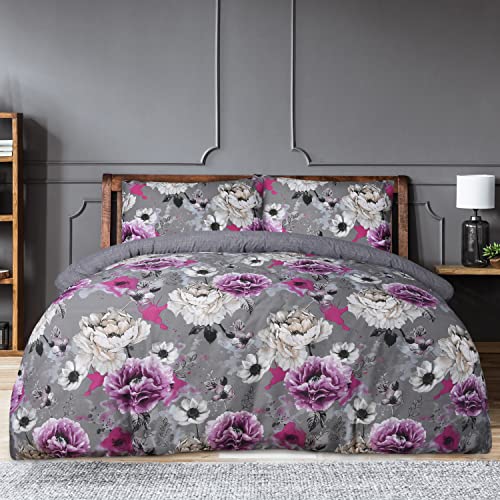 Sleepdown Wende-Bettbezug mit Blumenmuster, Baumwolle Polyester, grau, Doppelbett von Sleepdown