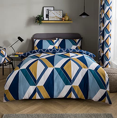 Sleepdown, groß, geometrisch, Marineblau, wendbar, Bettbezug und Kissenbezüge, Bettwäsche-Set, weich, pflegeleicht, Super King (220 x 260 cm), Polybaumwolle, Navy von Sleepdown