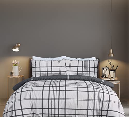 Sleepdown Bettwäsche-Set, 100% Reine Baumwolle, kariert, natürliches Schwarz, wendbar, Steppdecke und Kissenbezüge, weich, pflegeleicht, Kingsize-Bett (230 x 200 cm) von Sleepdown