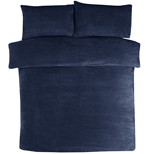 Sleepdown 5056242753780 Bettwäsche-Set mit Kissenbezügen, Teddy-Fleece, warm, gemütlich, superweich, für Super-Kingsize-Betten (220 x 260 cm), Polyester, Navy, King von Sleepdown